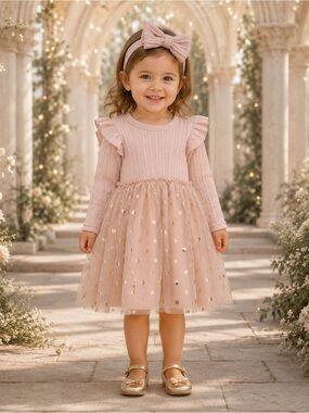 Just Lizzy Girls 3T Pink Gold Polka Dot Tulle Dress Headband NWT